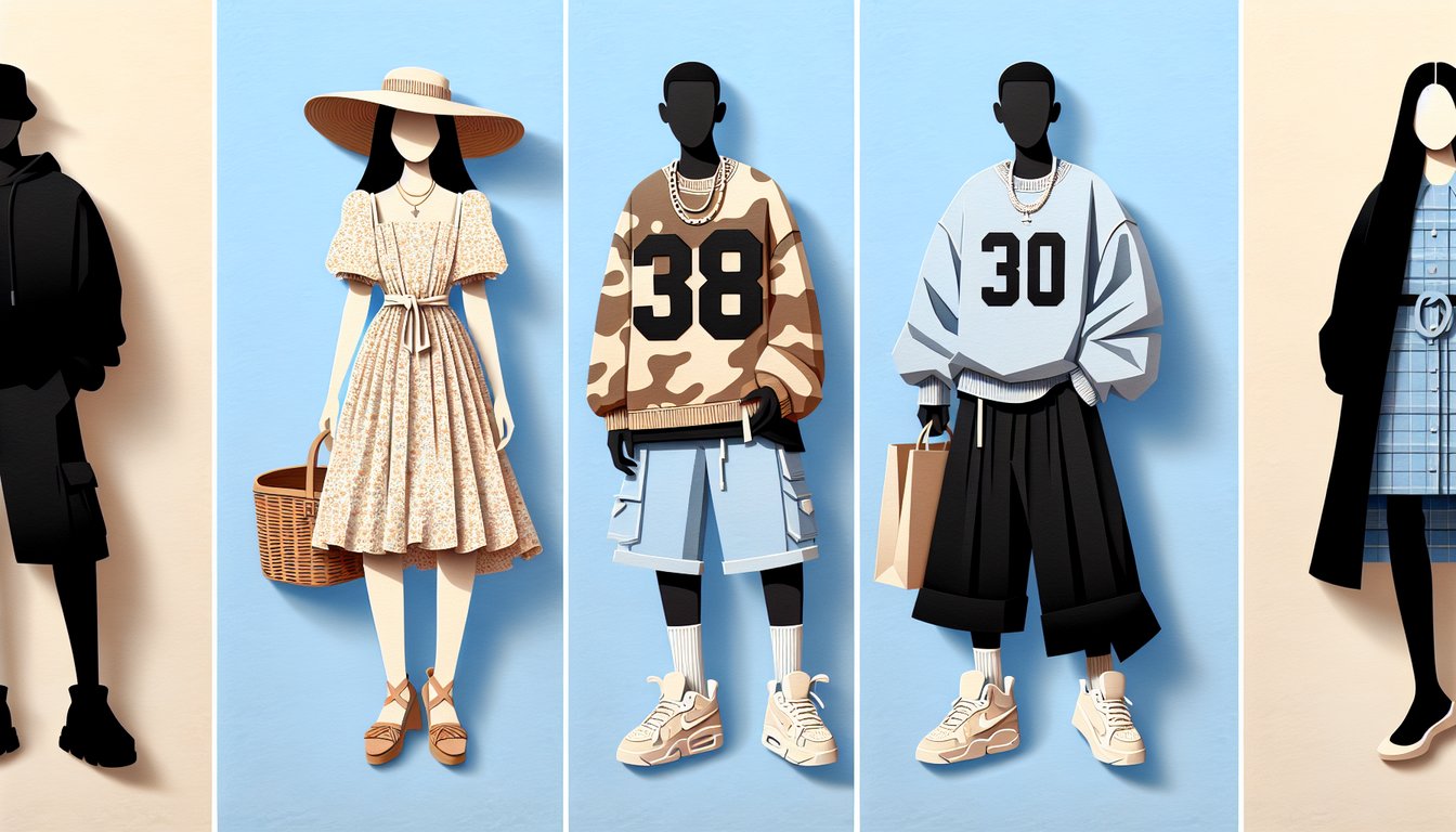 Paper art illustration for a clothing aesthetic quiz on a sky blue background
