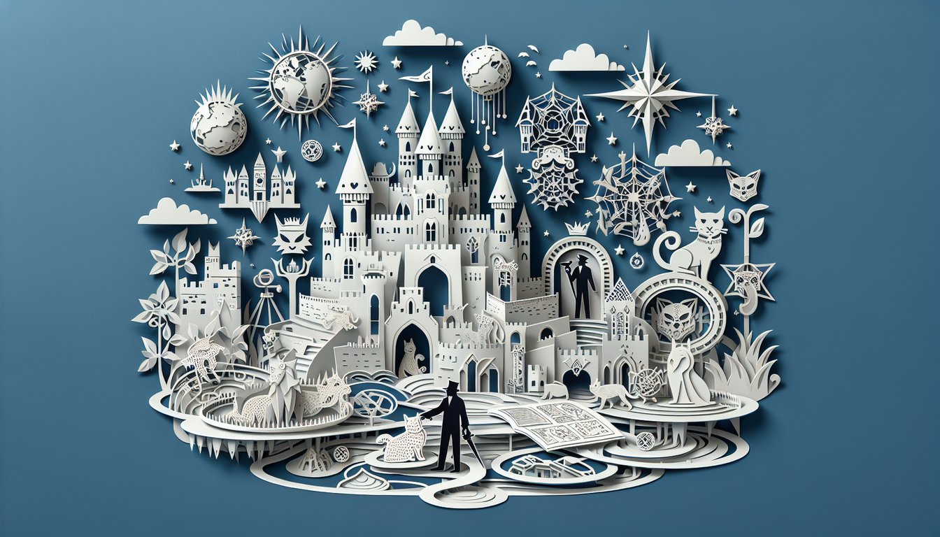 Paper art villain silhouette with glowing eyes and twisted castle spires on blue background, paper text for villain quiz.