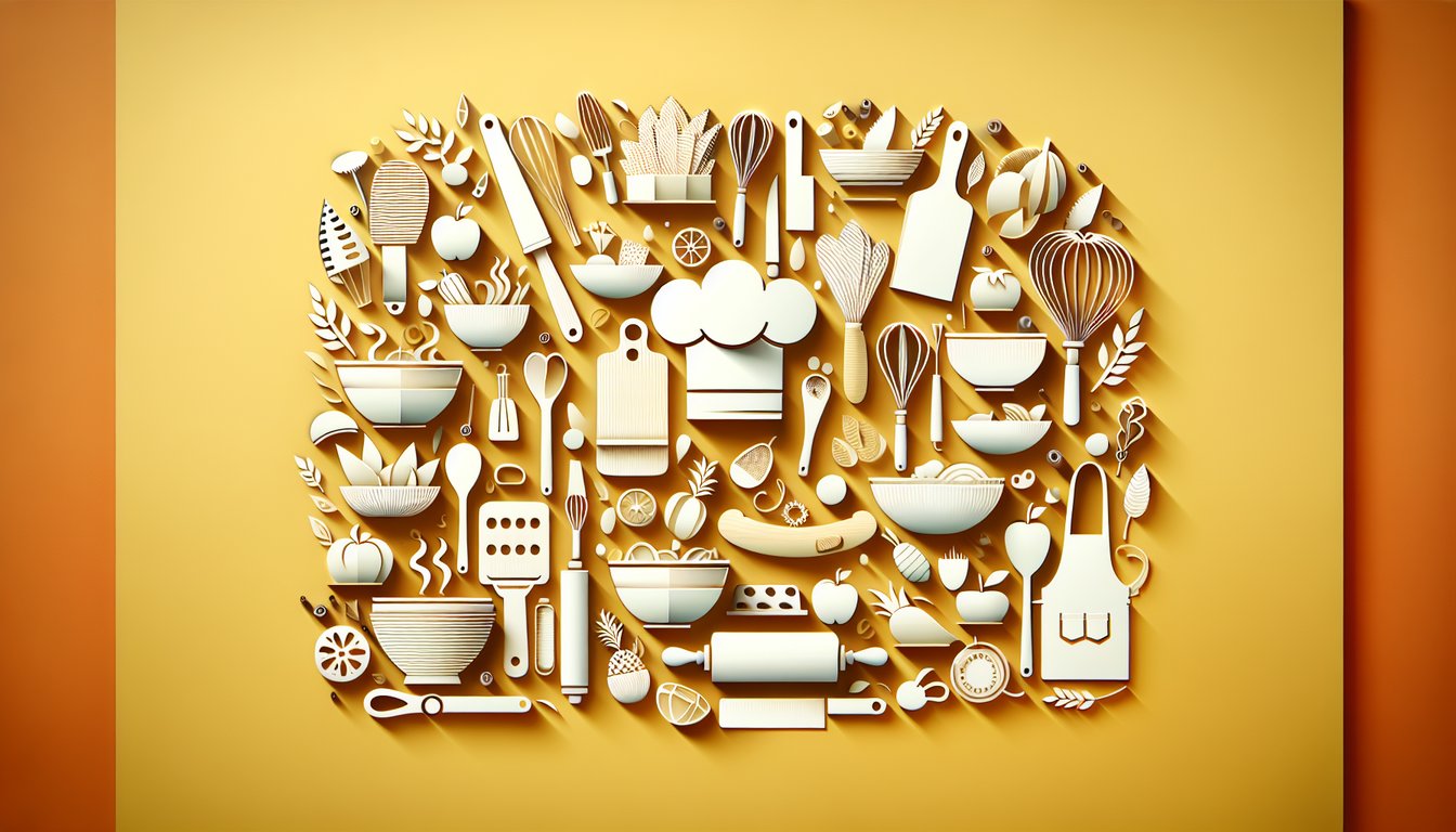 Paper-cut style illustration of chef hat spoon fork vegetable icons and question mark on a golden yellow background.