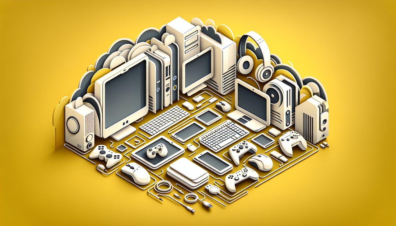 Paper art illustration for a computer buying guide quiz on a golden yellow background