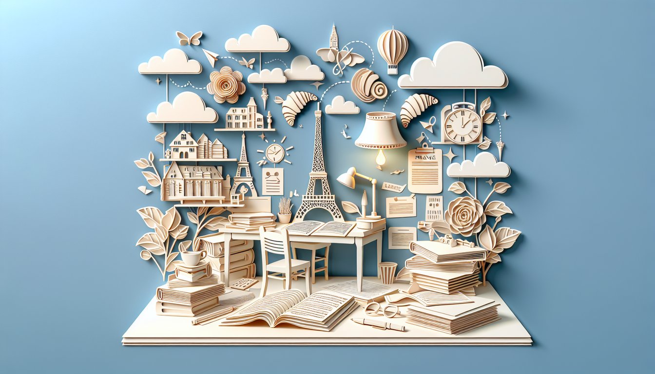 Paper art on sky blue background illustrating free french tense quiz mixing passe compose and imparfait with score display