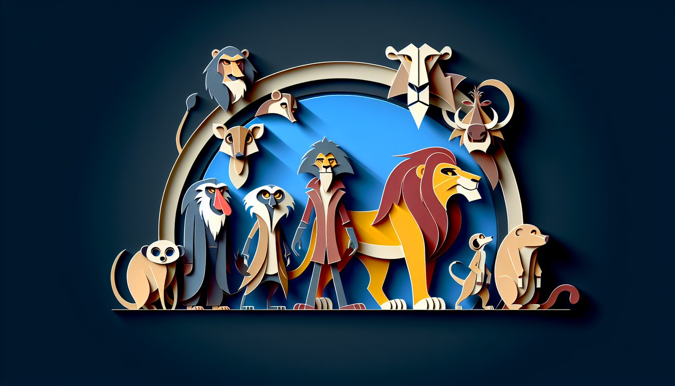 Paper art illustration for Lion King trivia quiz featuring Simba and Scar on a dark blue background