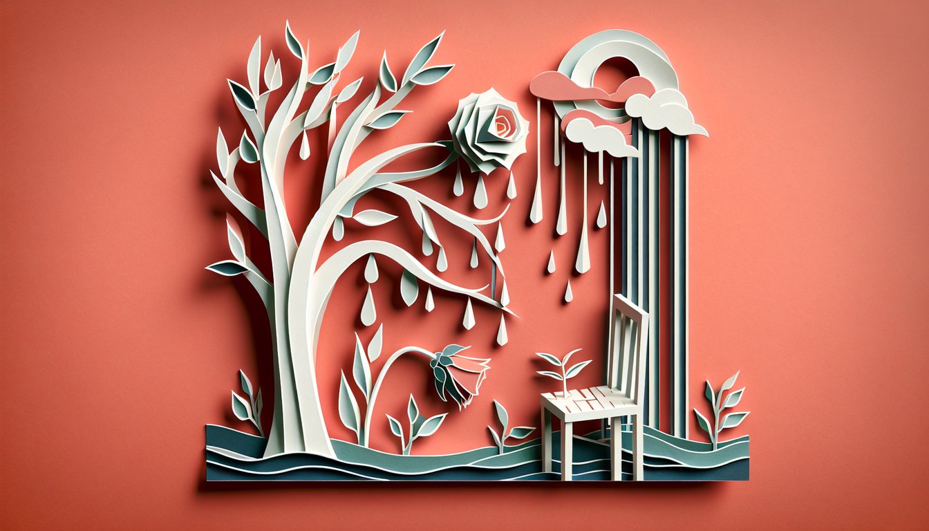 paper art of open book with falling tears crumpled pages on coral background for sad short stories quiz