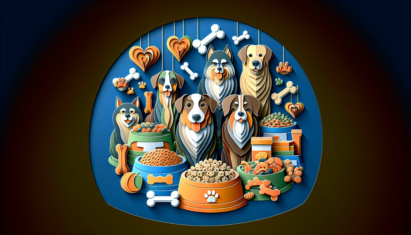 Paper art illustration for a dog food knowledge quiz with personalized feeding tips on a dark blue background.