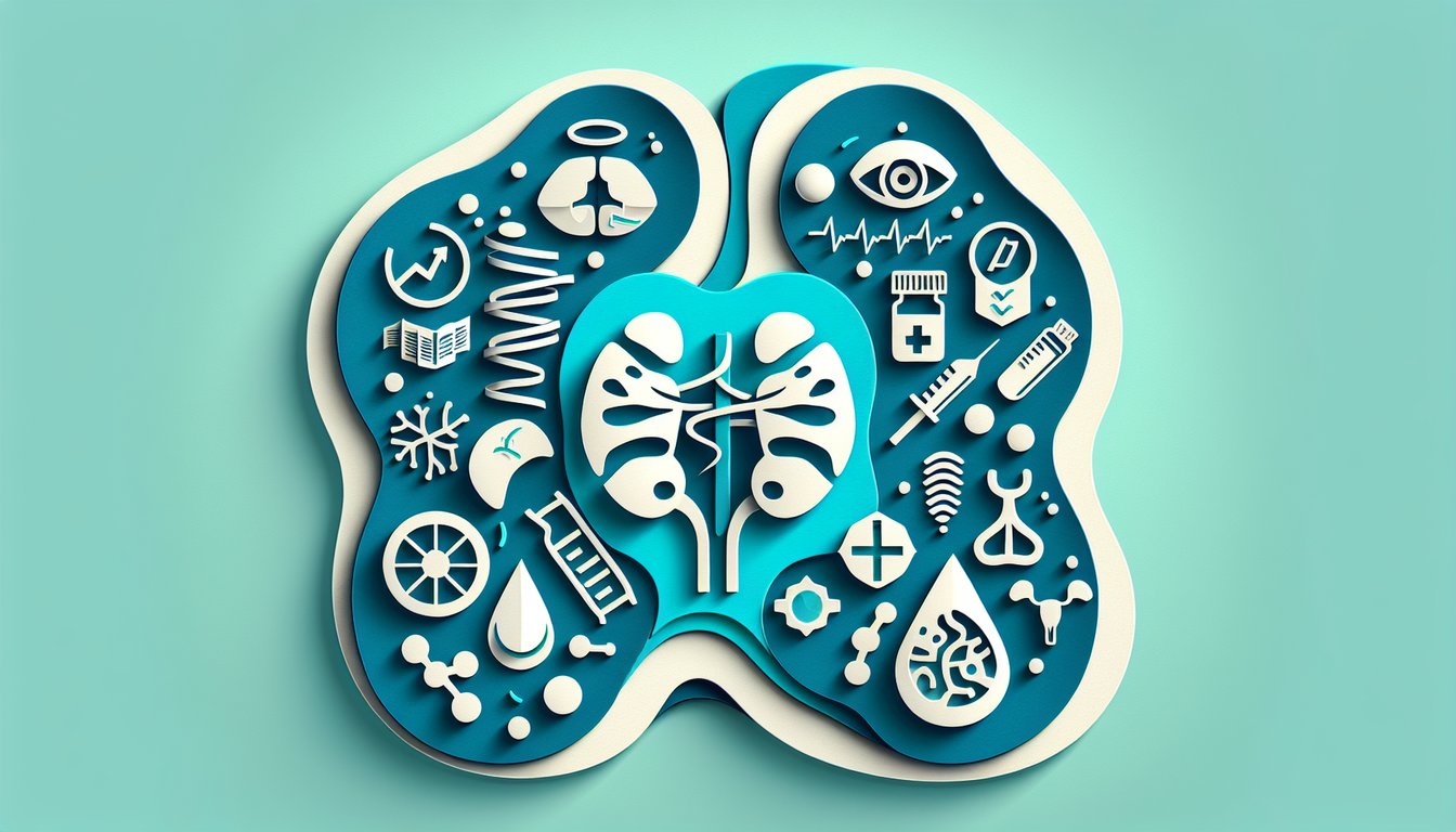 Paper cut style adrenal glands with quiz elements pencil notebook question marks on teal background