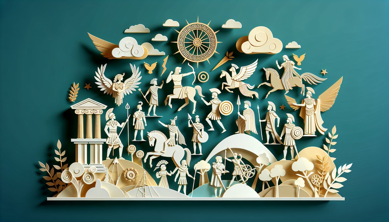 Paper art illustration for demigod heritage quiz on teal background