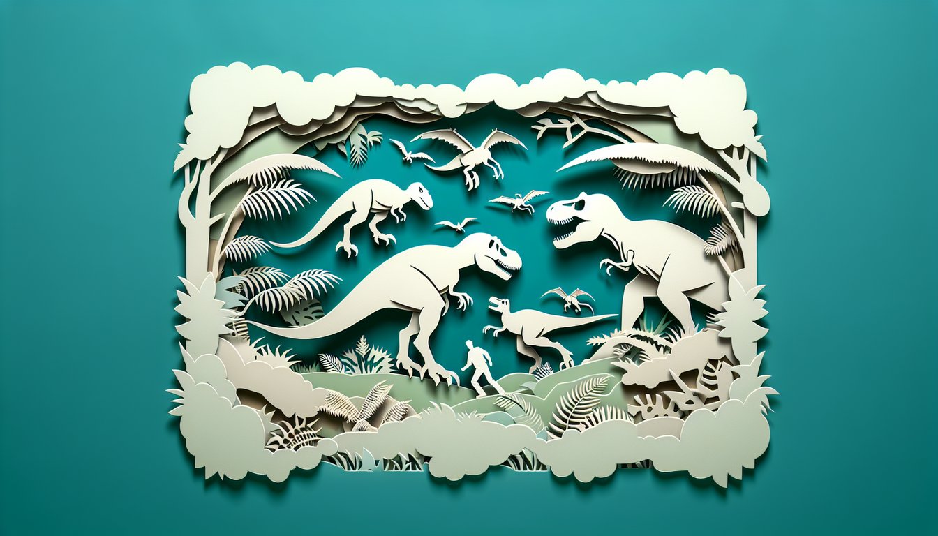 Paper art illustration for Jurassic Park movie trivia quiz on teal background