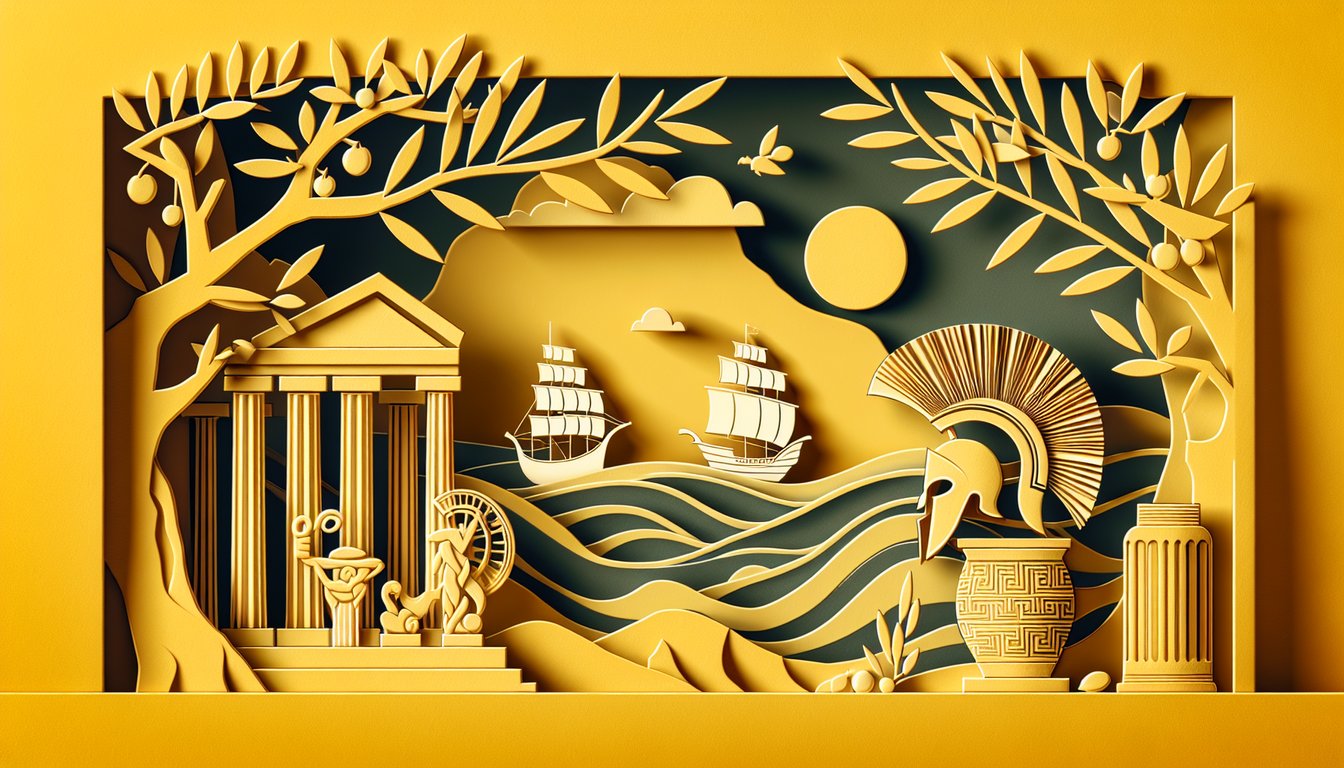 Paper art illustration for free Assassins Creed Odyssey trivia quiz on golden yellow background