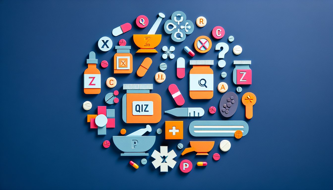 Colorful paper art depicting elements related to a Medication Abbreviation Safety Quiz.