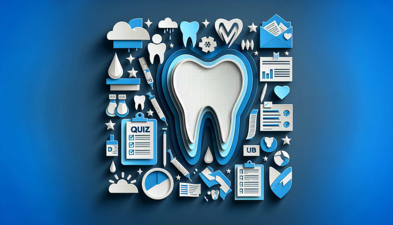 Paper art style dental quiz on dark blue background with stylized tooth and quiz text about caries risk assessment