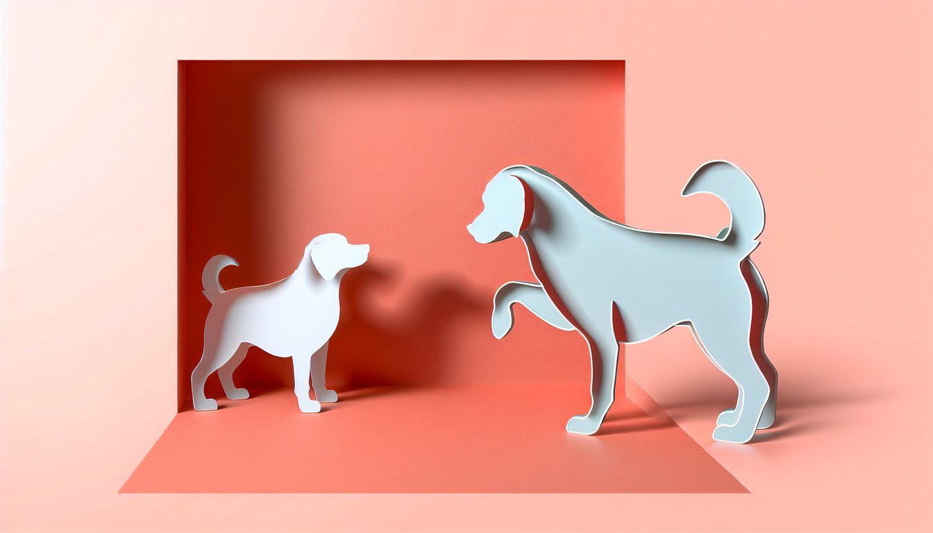 Paper art illustration for quiz about finding out if your dog needs a companion on a coral background