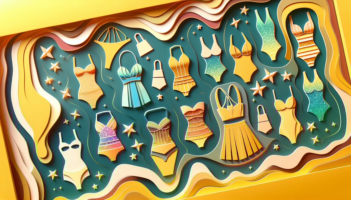 paper art bikini cutouts color swatches and swimsuit color quiz prompt on golden yellow background