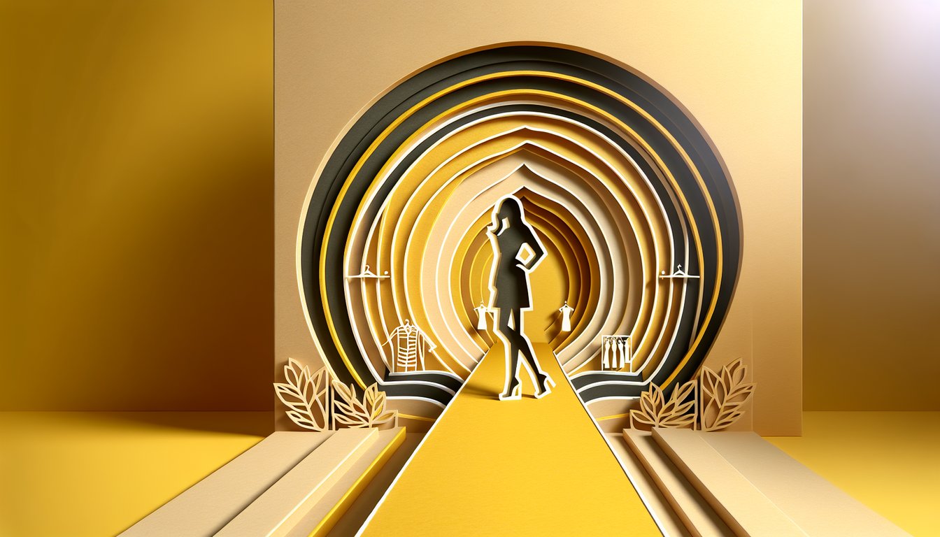 Paper art illustration of stylized model silhouette layered shapes golden yellow background for fashion quiz
