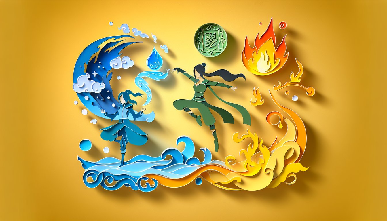 Paper art illustration for Avatar the Last Airbender quiz on golden yellow background