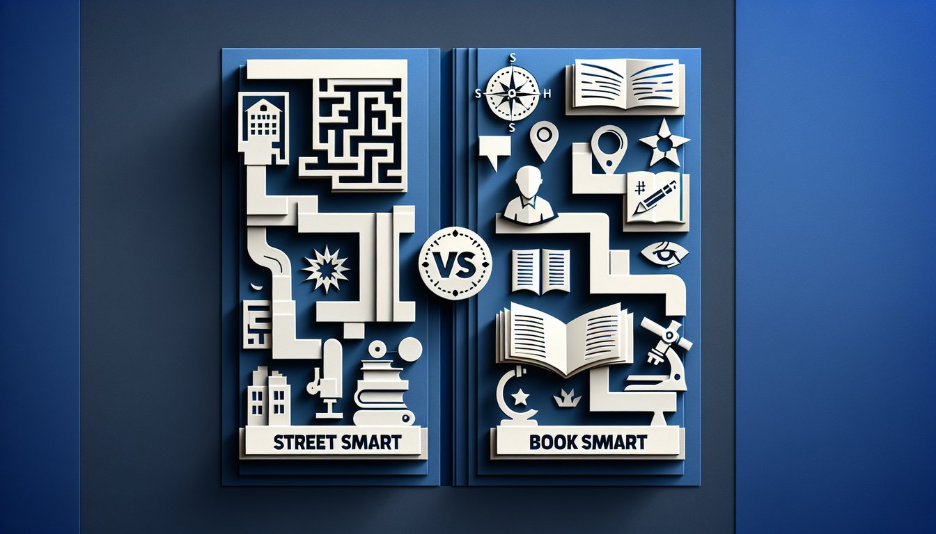 Paper art illustration for street smart vs book smart quiz on dark blue background