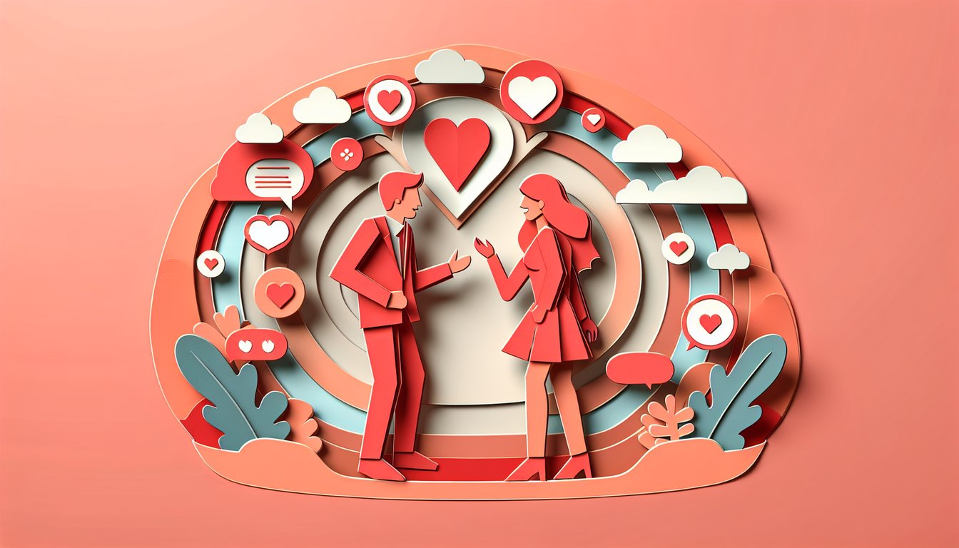 Paper art illustration for a personality quiz about secret crushes on a coral background
