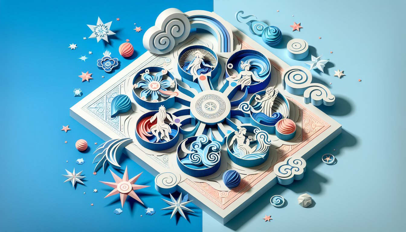 paper art style illustration of mystical symbols, Greek deity motifs, and vibrant shapes on sky blue background