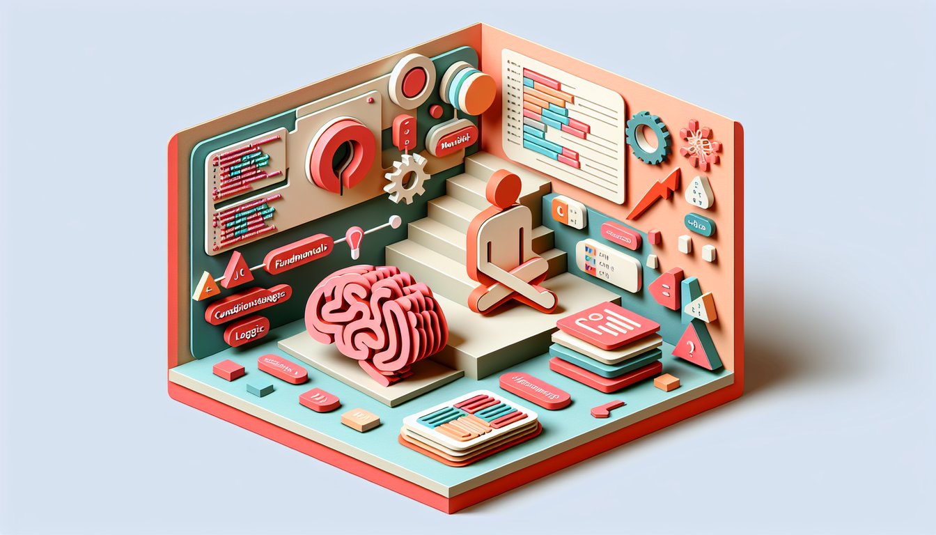 Paper art illustration for free Cpp quiz showing computer code blocks logic symbols on coral background