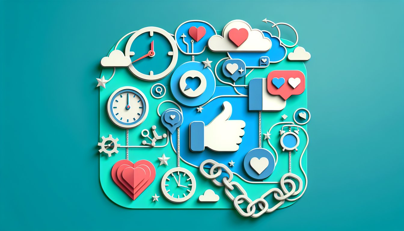 Paper art illustration of smartphone with social media icons on teal background promoting Facebook addiction quiz.