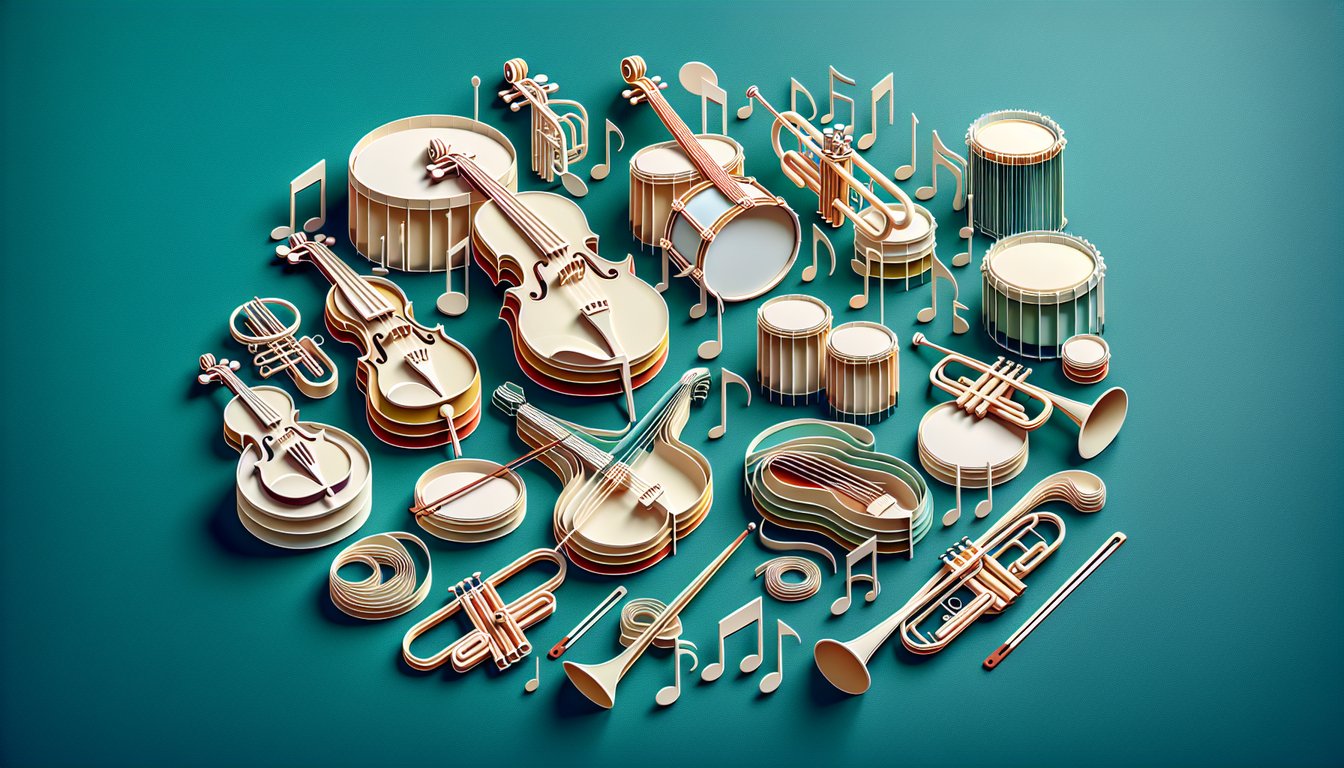 Paper cut illustration of string woodwind brass percussion instruments on teal background for musical instrument quiz