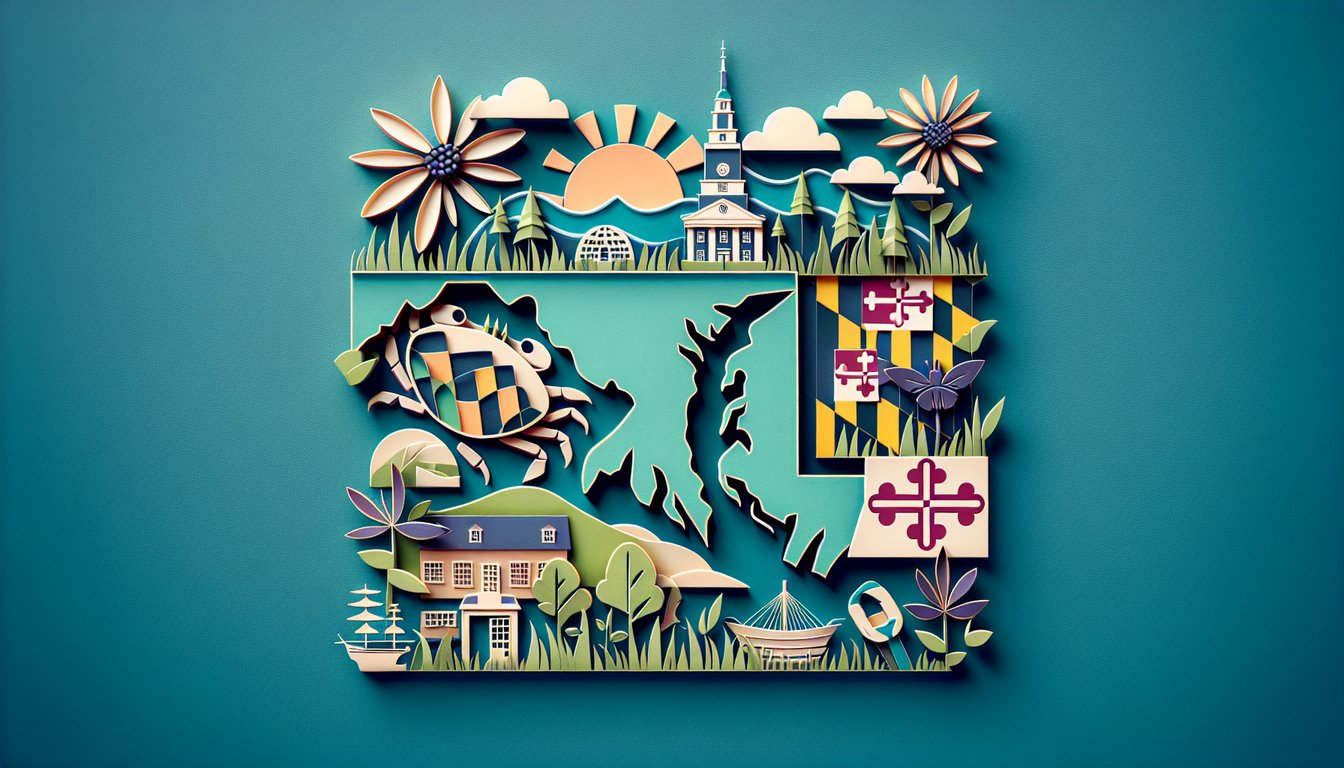 Paper art illustration for Maryland trivia quiz on teal background