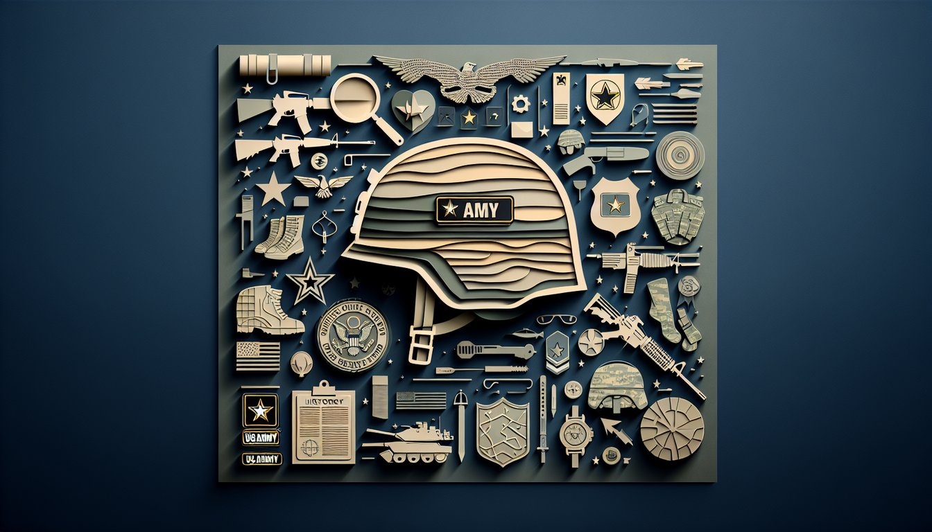 Paper art illustration of US Army helmet dog tags star medal rifle and historical icons on dark blue background for quiz