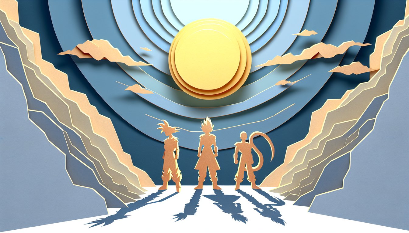 Paper art illustration of Goku Vegeta quiz title on sky blue background