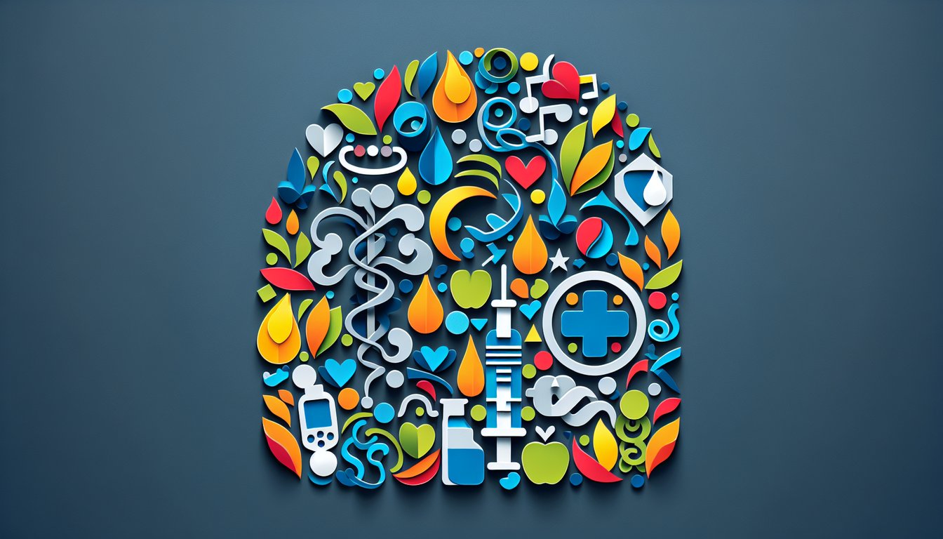 Colorful paper art depicting a quiz on Diabetes Management Knowledge Test.