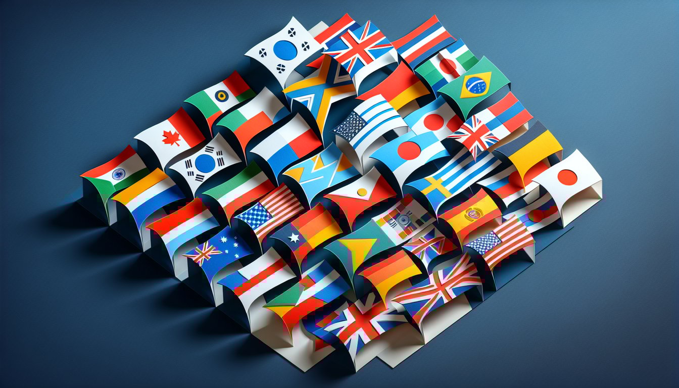 layered paper art flags around a paper styled globe with world flags quiz text on a dark blue background