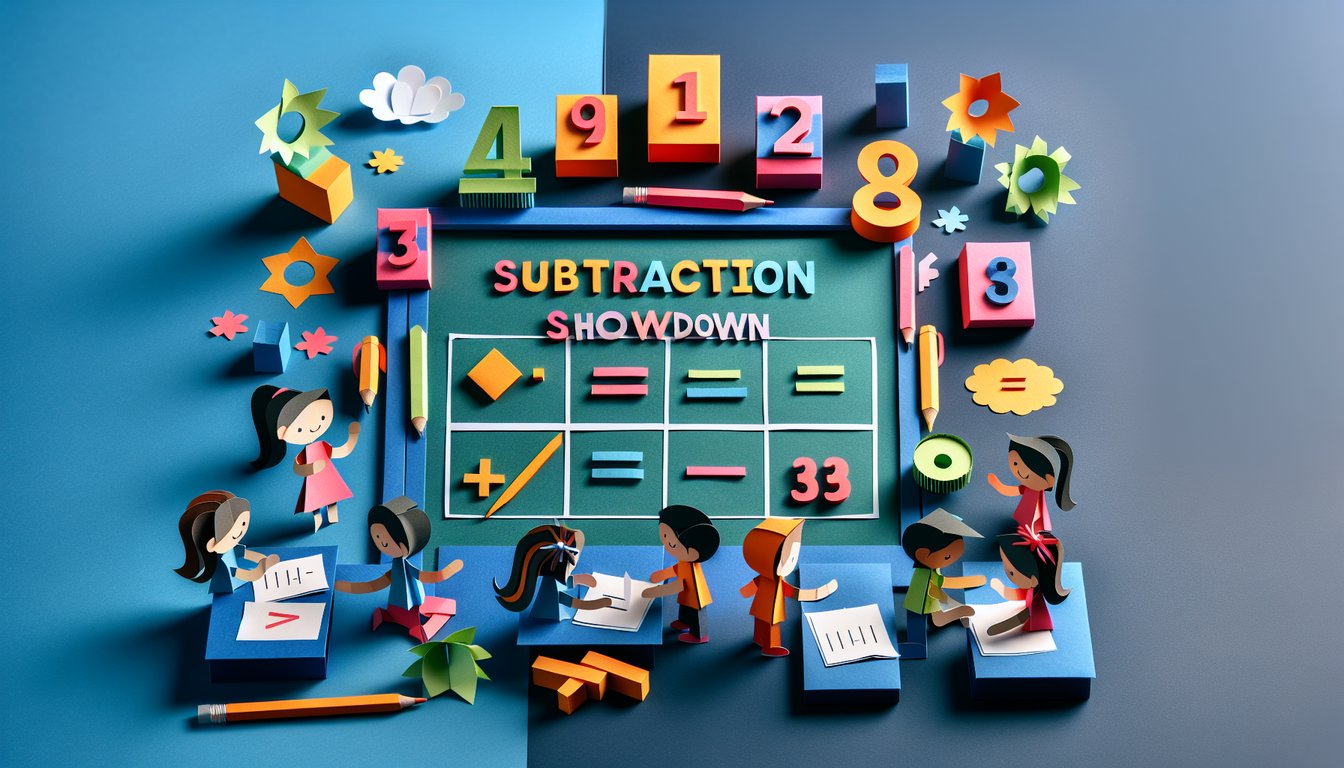 Colorful paper art promoting Subtraction Showdown, a fun math quiz for elementary students.