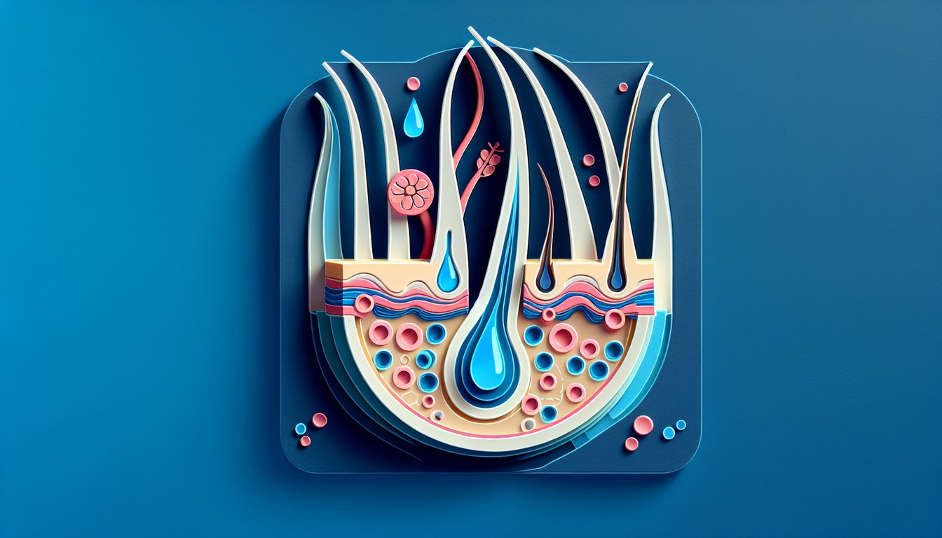 Paper art hair cross section showing hair bulb roots and scalp layers on dark blue background for trichology quiz