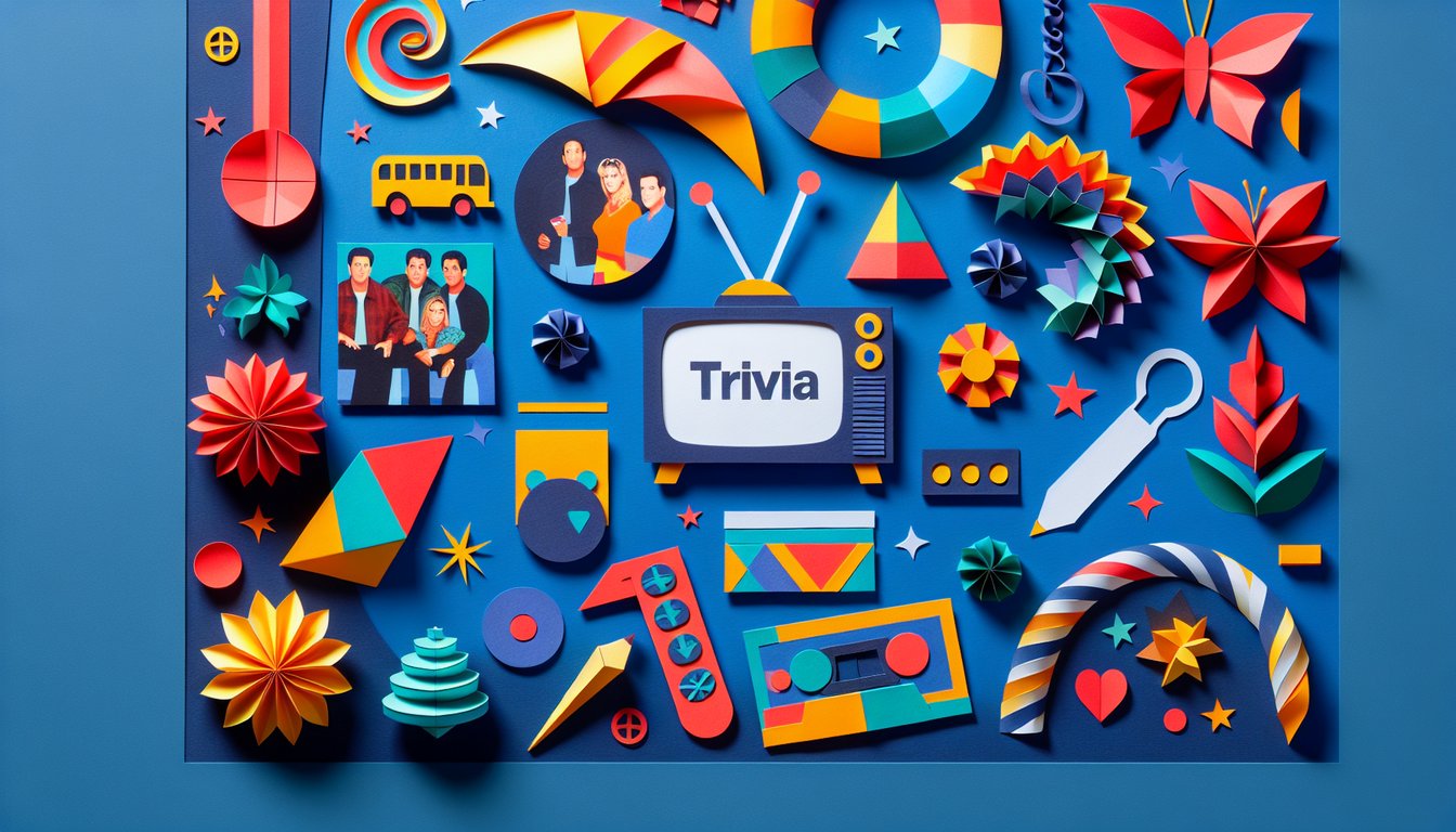 Colorful paper art showcasing elements from popular 90s sitcoms for a preference quiz
