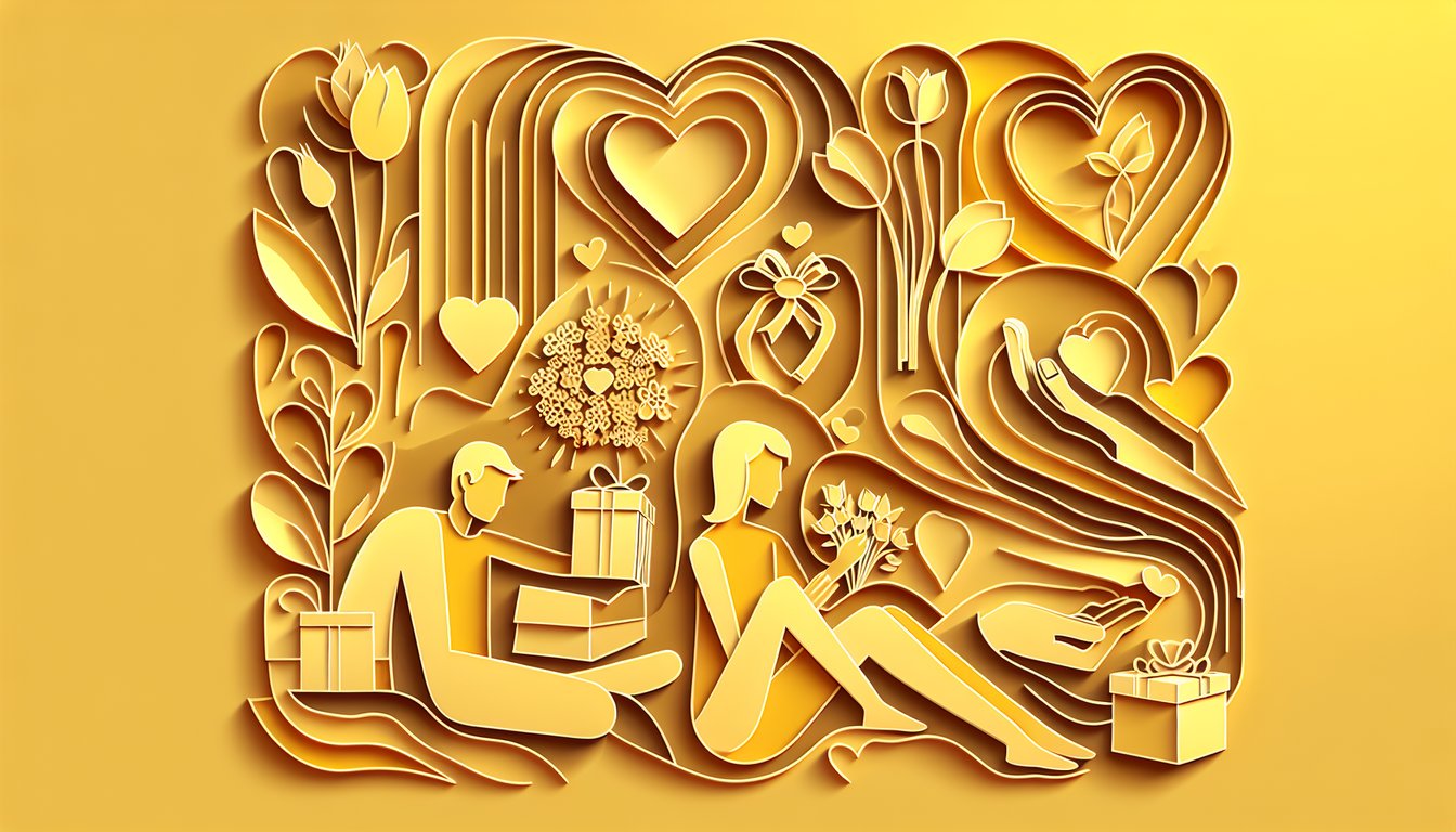 Paper art illustration for Does My Boyfriend Love Me Quiz on golden yellow background.