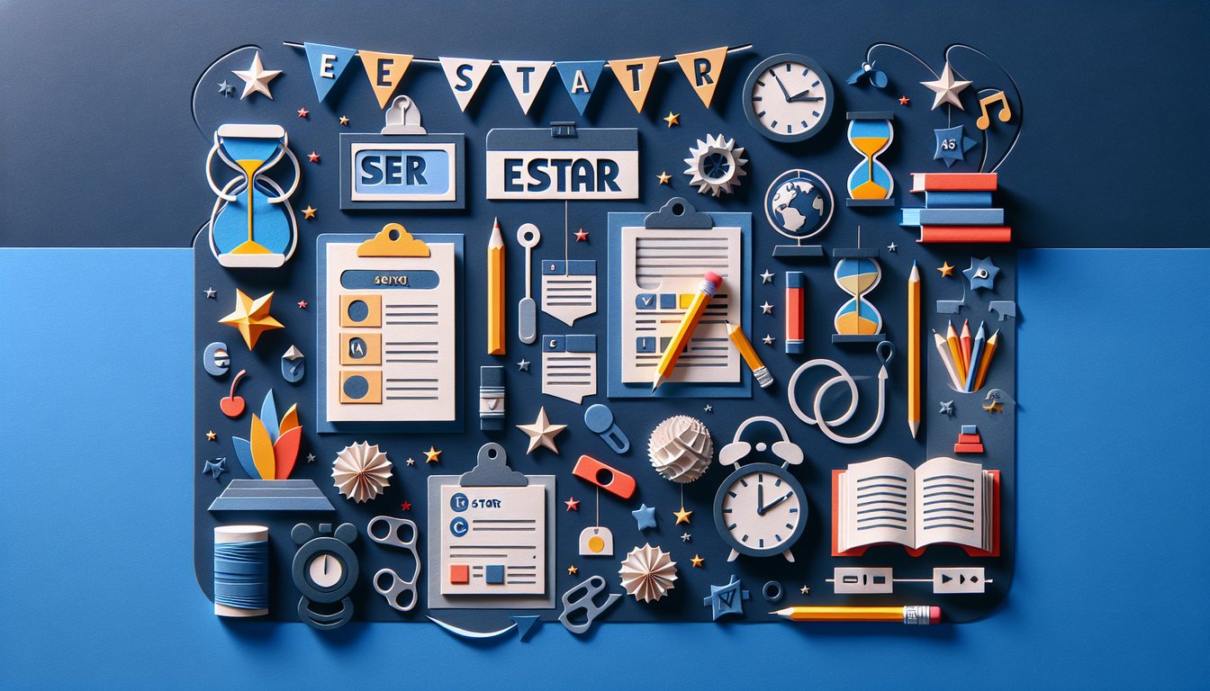 Colorful paper art promoting Ser vs. Estar Mastery quiz for high school Spanish students.