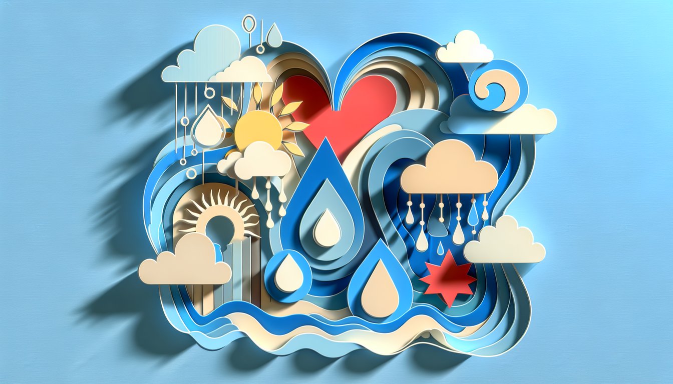 Paper cut heart tear flower motifs on sky blue backdrop for sensitivity quiz revealing emotional depth