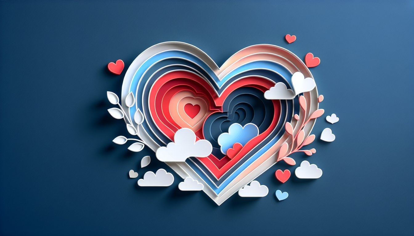 Paper art depicting a love test on a dark blue background.