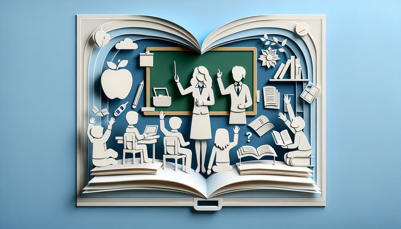 Paper art illustration for teaching style quiz on sky blue background