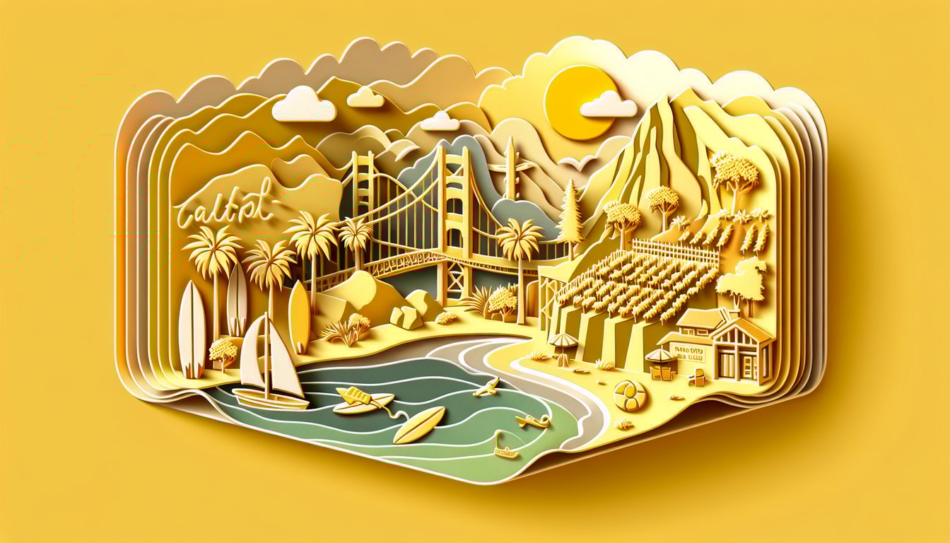Paper art California trivia quiz with Golden Gate Bridge, palm trees, desert and ocean on golden yellow background