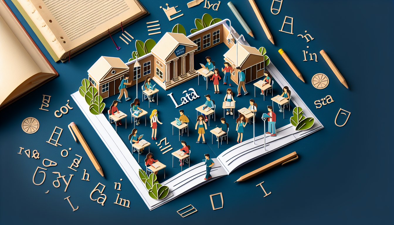 Colorful paper art promoting Latin Roots Rally trivia quiz for high school students.
