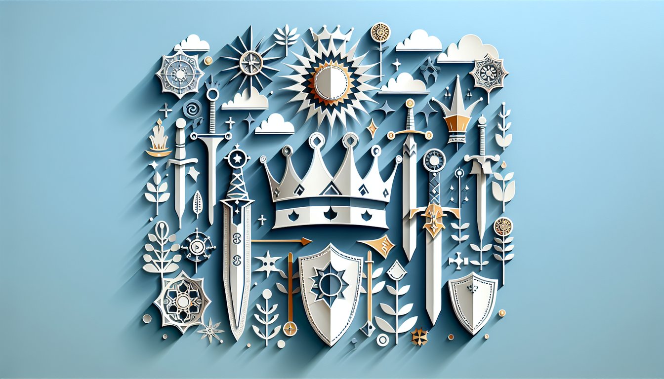 Paper art illustration of a crown and ring over stacked pages on sky blue background for Return of the King trivia quiz