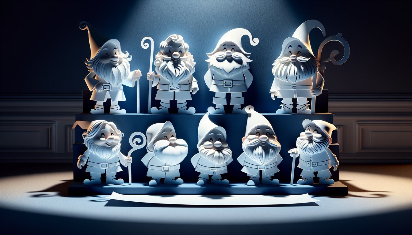 paper art style Seven Dwarfs icons and Snow White silhouette on dark blue background for fairy tale personality quiz