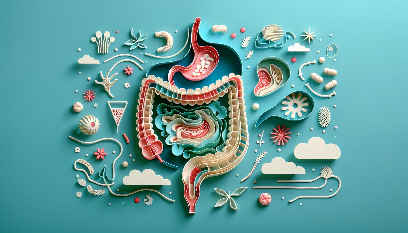 Paper art digestive organs and enzymes on teal background for free 20 question human digestion quiz with answers