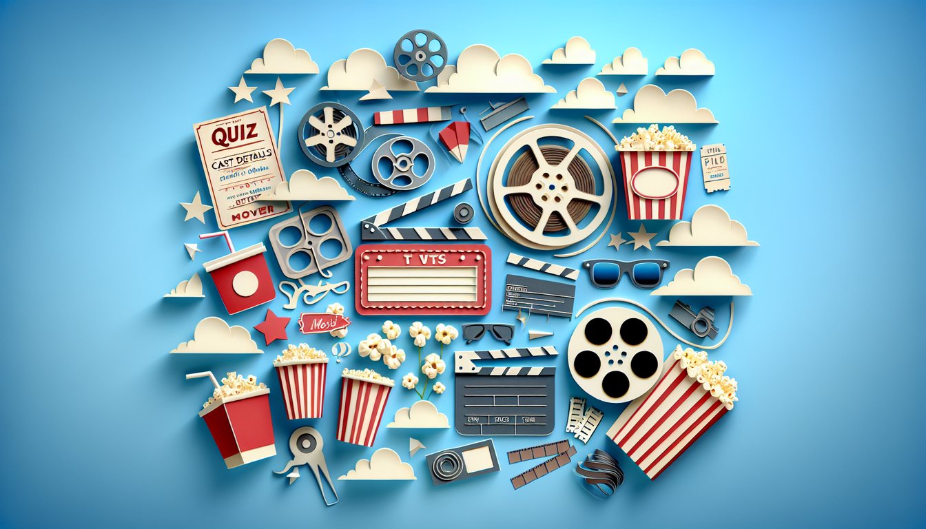 Paper art movie quiz elements film reel ticket question icons on sky blue background