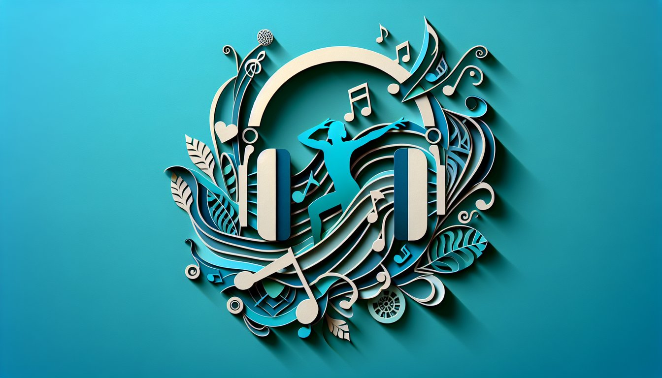 Paper art collage of Miley Cyrus silhouette with music notes and fan icons on teal background for personality quiz