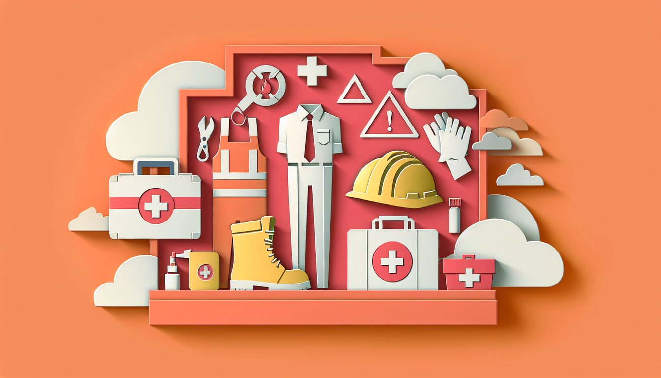 Paper art illustration of hard hat gloves safety checklist and hazard symbols for workplace safety quiz on coral background