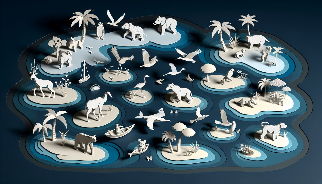 Paper art island scene with animal villager cutouts and free What Animal Am I quiz title on dark blue background.