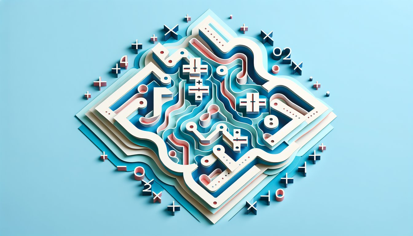 Paper art illustration for a quiz about adding and subtracting integers on a sky blue background