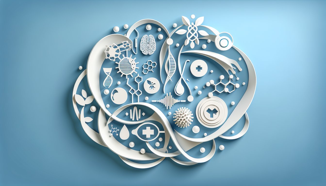 Paper art lungs interlaced with fruits vegetables and heart shapes on sky blue background