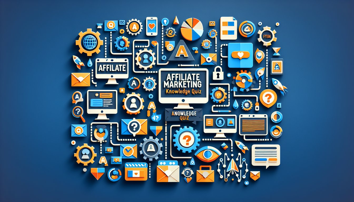 Colorful paper art depicting elements related to Affiliate Marketing Knowledge Quiz.