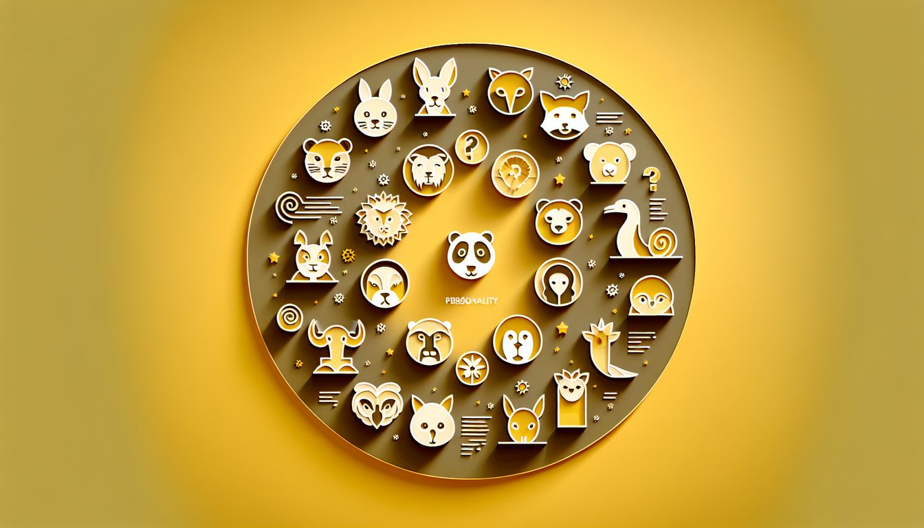 Paper art featuring layered animal silhouettes on golden yellow background for animal icon personality quiz